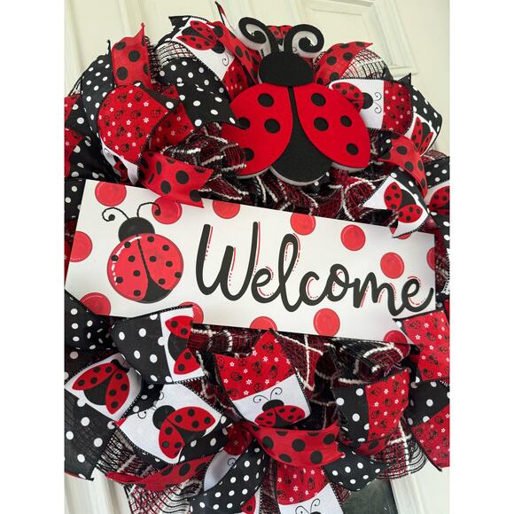 Welcome Ladybug Ribbon Deco Mesh Spring Summer Wreath, Front Door Hanger - Picture 2 of 8